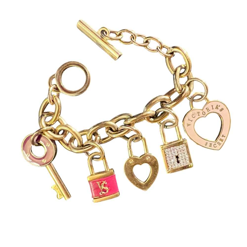 Vintage Victoria's Secret Charm Bracelet‎ Gold Tone Crystal Heart Padlock Key 7"